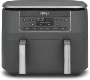 Ninja Dual Zone Digital Air Fritteuse, 2 Schubladen, 7,6 l, 6-in-1, verwendet kein Öl, Air Fry, Max Crisp, Braten, Backen, Aufwärmen, Dehydrieren, antihaftbeschichtet, spülmaschinenfeste Körbe, Gun