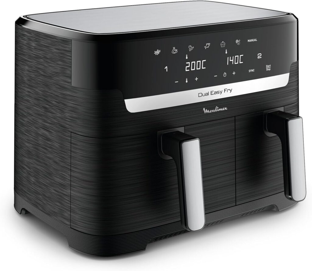 Moulinex Dual Easy Fry 8,3 L - Dual Air Fritteuse, Energieeinsparung bis zu 70%, Fassungsvermögen von 5,2 l und 3,1 l, 7 Programme, knusprige Ergebnisse, spülmaschinenfest, digitales Rezeptbuch,