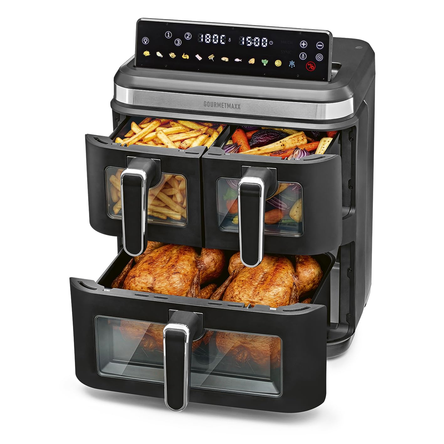 71_eb6JgGFL GOURMETmaxx FryUp3 Vertikale Heißluftfritteuse 3 Kammern | Airfryer XXL mit 3 Grillracks & 3 Sichtfenstern | Heissluftfritteuse XXL - 17 L | Air Fryer Frittesue ohne Öl | Heißluftfriteuse Touchdisplay - Image 1