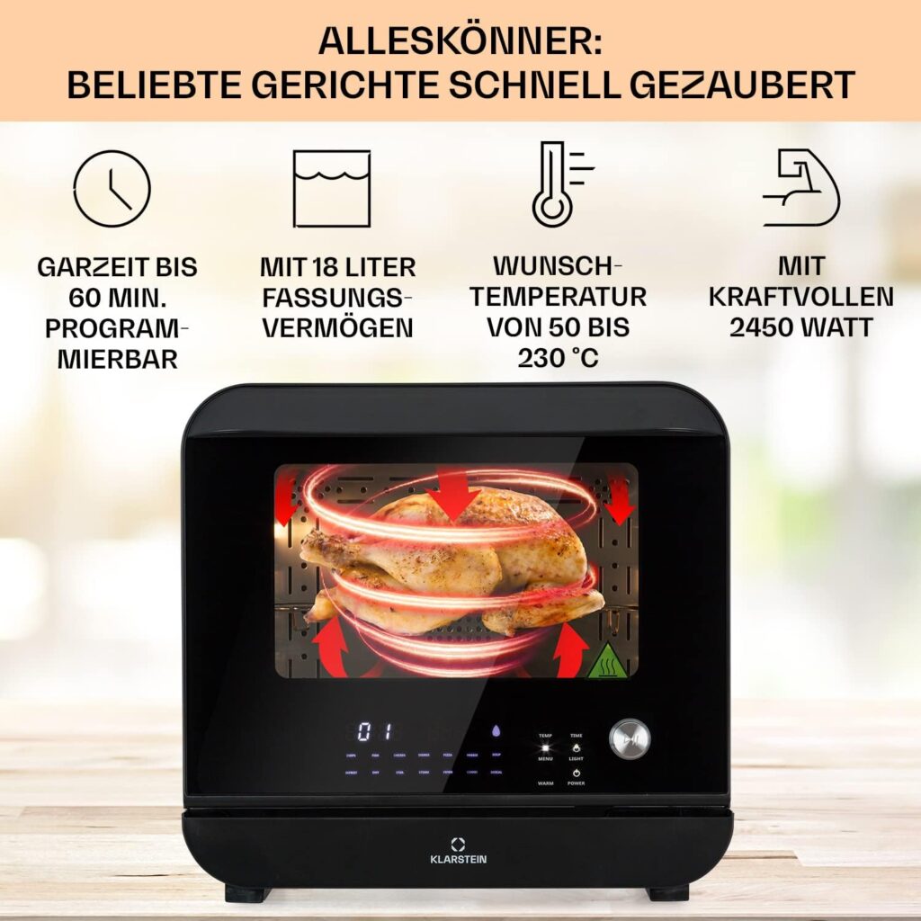 Klarstein 18 L Heißluftfritteuse, Airfryer mit Dampf- und Trocknungsfunktion, Schnelle Heissluftfriteuse XXL, Timer, 10 Programme, Air Fryer zum Luftfritieren, 2450W Fritteuse Heissluft ohne Fett