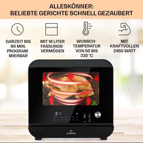Klarstein 18 L Heißluftfritteuse, Airfryer mit Dampf- und Trocknungsfunktion, Schnelle Heissluftfriteuse XXL, Timer, 10 Programme, Air Fryer zum Luftfritieren, 2450W Fritteuse Heissluft ohne Fett