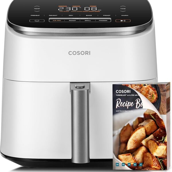 COSORI Turbo Blaze Luftfritteuse, 6 l, Air Fryer, 46% schneller, mit DC-Motor, 9-in-1-Öl-Fritteuse mit 117 Kochrezepten, spülmaschinenfest, Frittieren, Backen, Braten, Trocknen, Weiß