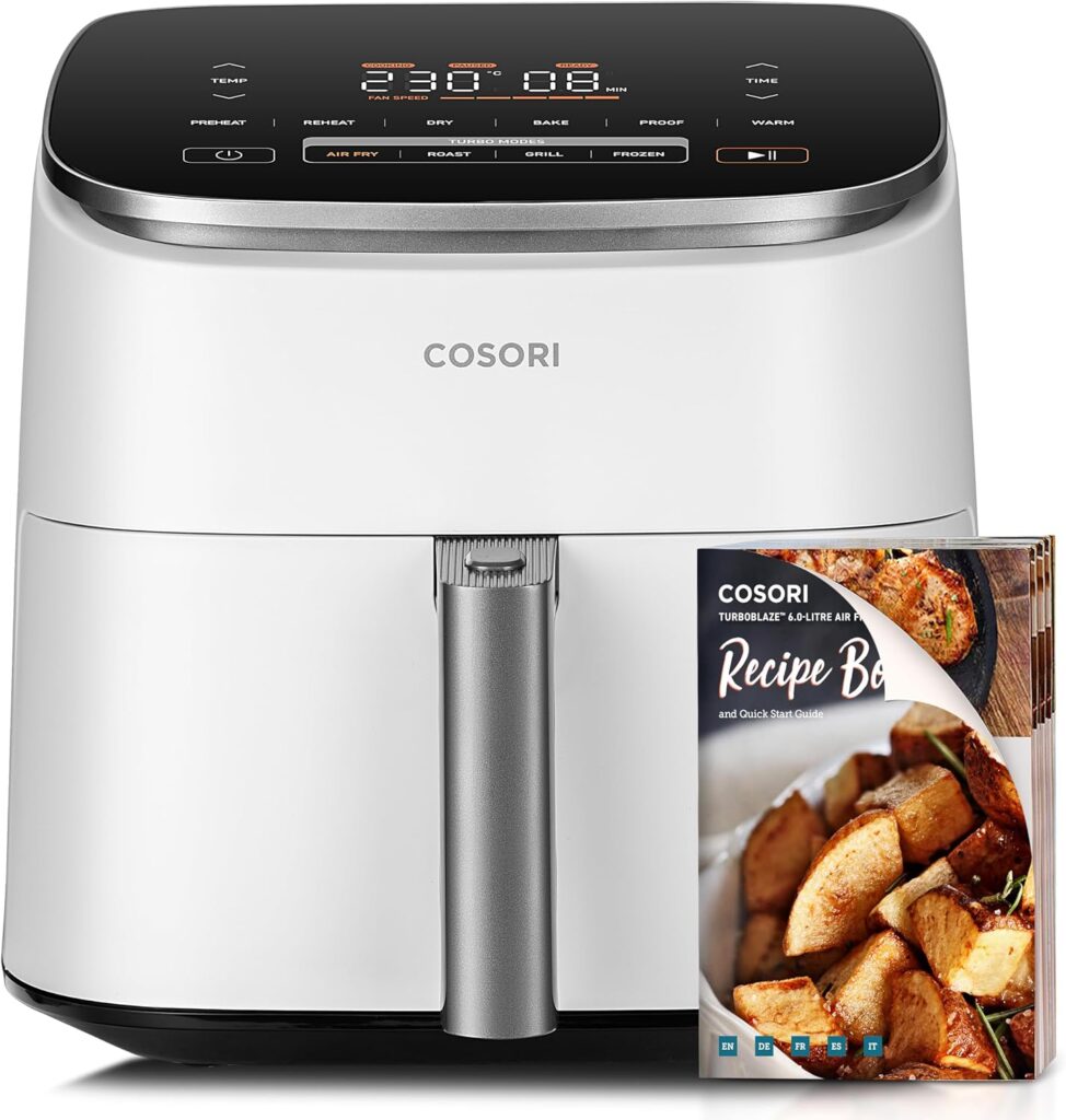 COSORI Turbo Blaze Luftfritteuse, 6 l, Air Fryer, 46% schneller, mit DC-Motor, 9-in-1-Öl-Fritteuse mit 117 Kochrezepten, spülmaschinenfest, Frittieren, Backen, Braten, Trocknen, Weiß